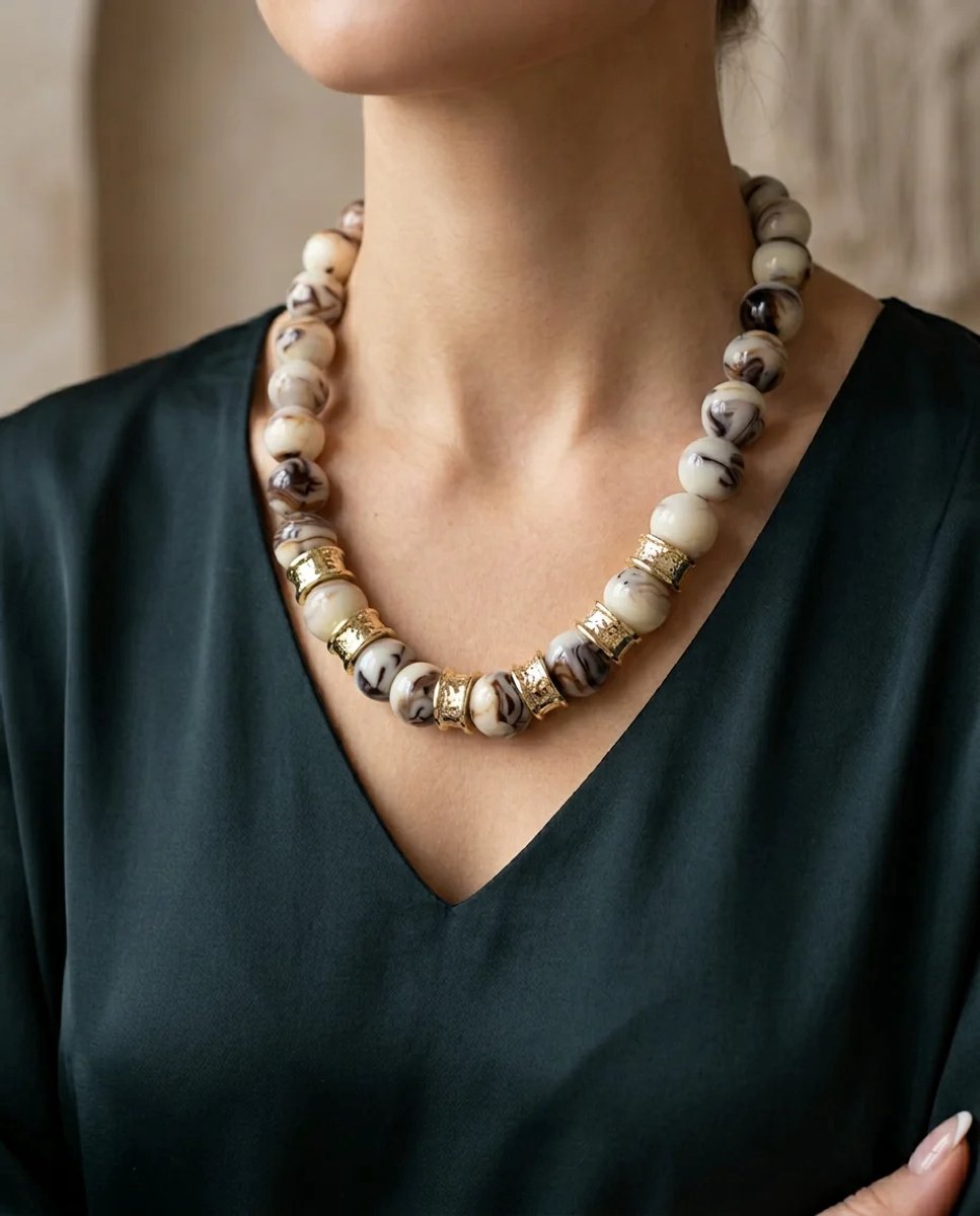 Dorvina Bijuteri Boncuklu Dames Ketting Goud Detail Krem Kahve Iri Boncuklu Vintage Ketting