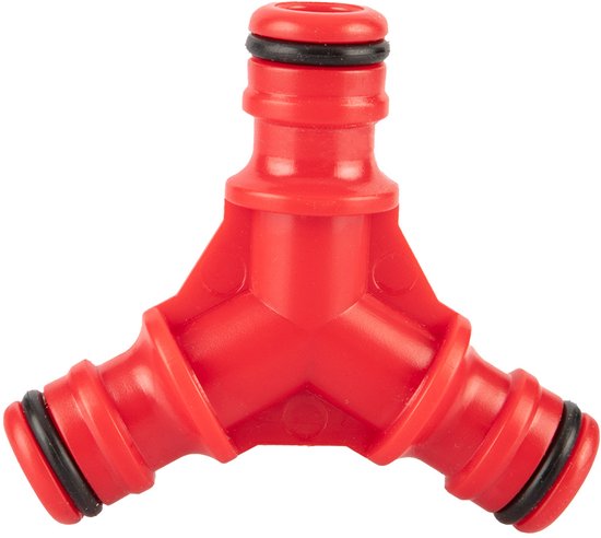 Rood Y-verdeelstuk met ribbels en zwarte ringen.
