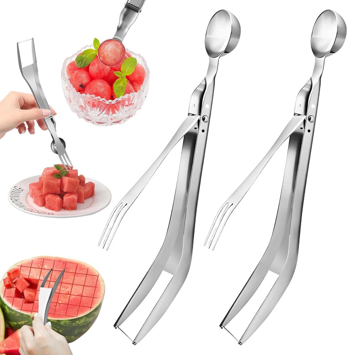 2 Stuks RVS Watermeloen Snijder 3-in-1 Fruit Snijmachine voor Thuis en Feestjes Efficiënt en Veilig Snijden van Fruit