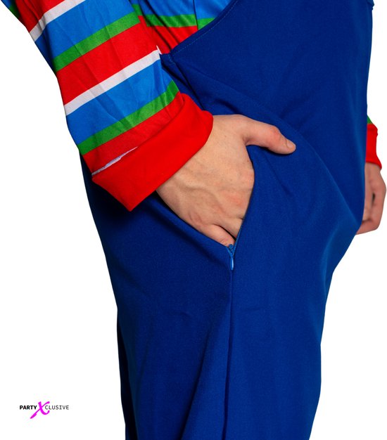 Zijaanzicht van een blauwe tuinbroek met een functionele rits bij de heupzak.