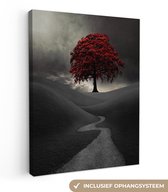 Canvas schilderij 60x80 cm - Wanddecoratie Een zwart-wit foto met een grote rode boom - Muurdecoratie woonkamer - Slaapkamer decoratie - Kamer accessoires - Schilderijen op canvas