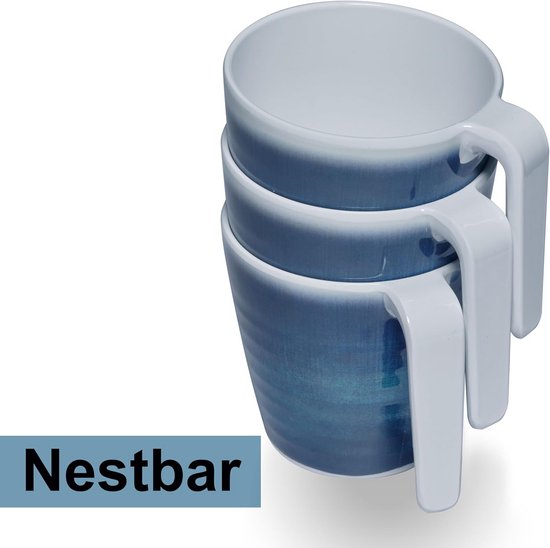 Melamine Mokken Set - Aardewerk Look Bekers - Kampeer Servies - Stapelbaar BPA-vrij - 350 ml Inhoud - Blauw — afbeelding 5