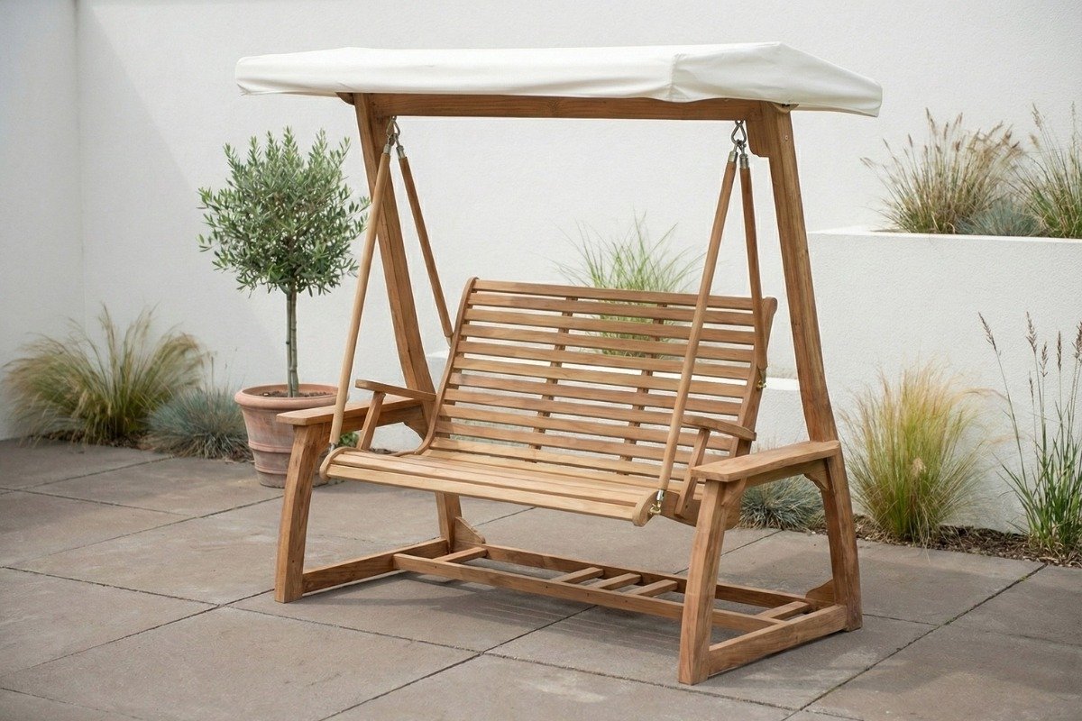 Teakea - Teak Schommelbank 120 cm - 2-Persoons Houten Tuinbank met Zonnedak - Duurzaam Massief Teakhout