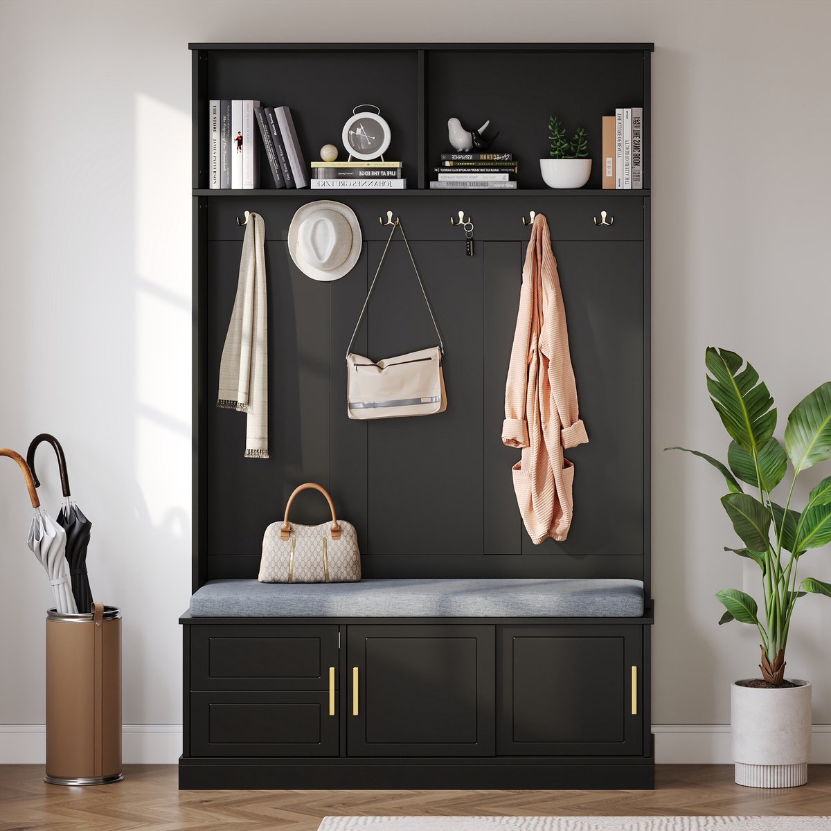 Clruro Kapstok met Schoenenbank - 120 x 40 x 191 cm - Kapstok met 6 Drievoudige Haken - Metaal - Zwart