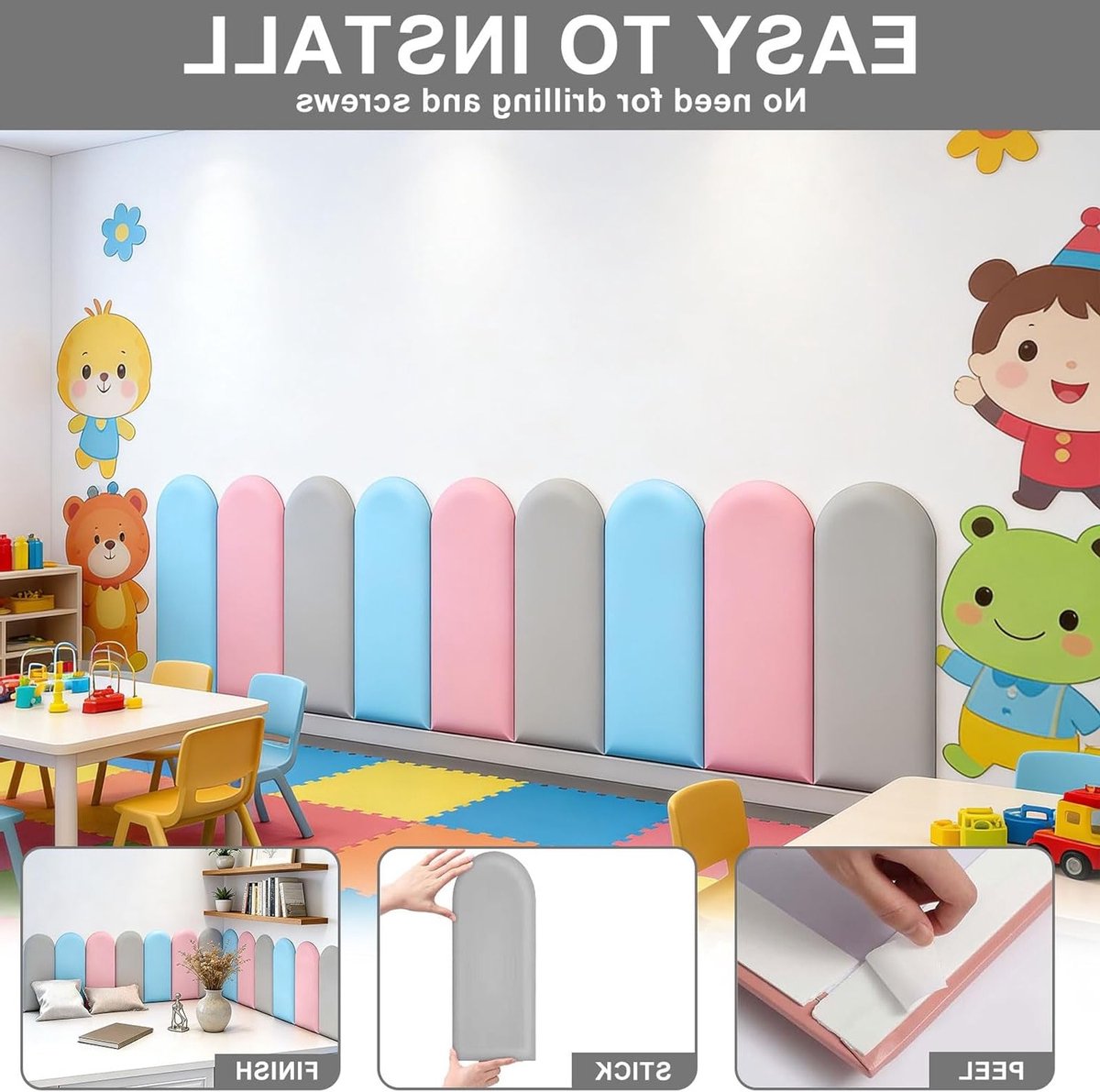 3D-wandpanelen set van 4, 20 x 40 cm, zelfklevend en waterdicht, gewatteerd PU wanddecoratie voor kinderkamer, anti-botsing hoofdeinde en muursticker (grijs)