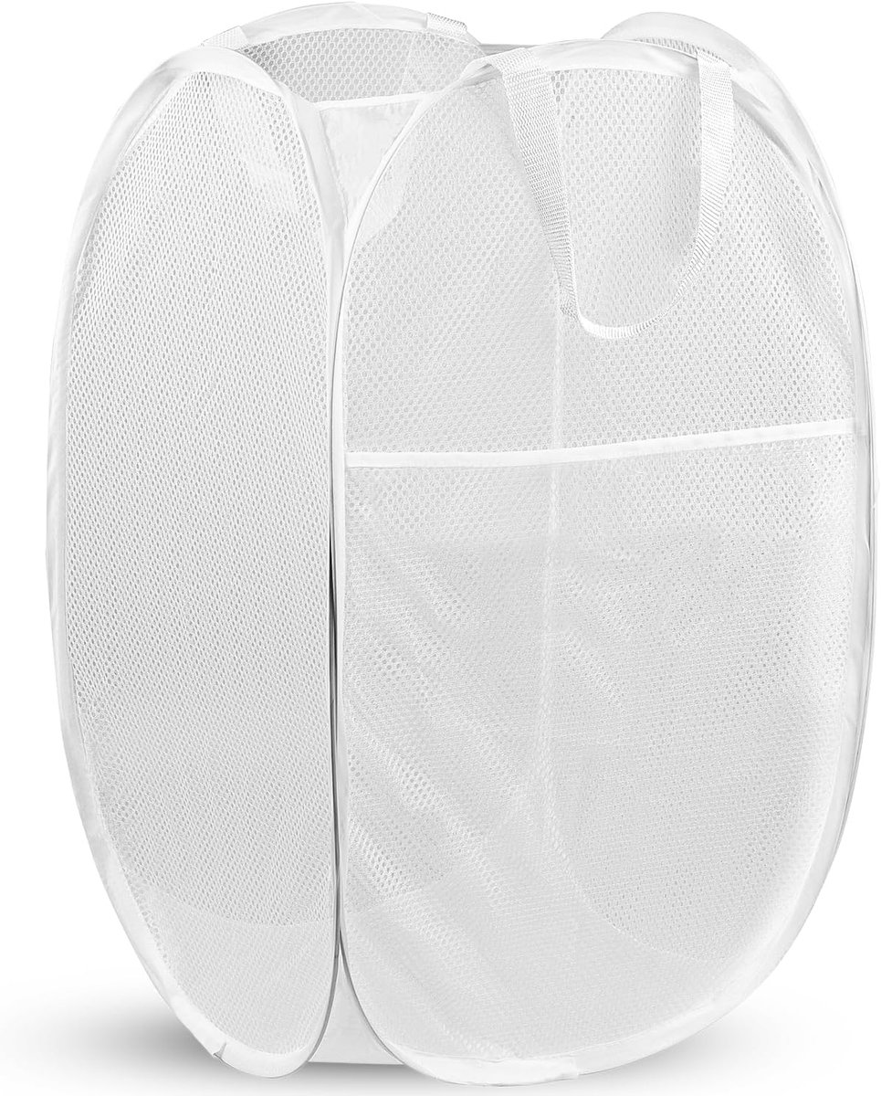 Ulisem - Wasmand - 70 liter opvouwbaar - 37x37x57 cm - Met zijvak - Wit - Polyester mesh materiaal - Ademend en duurzaam - Verstevigde handvatten - Draagbaar en ruimtebesparend - Geschikt voor thuis, reizen en slaapzaal