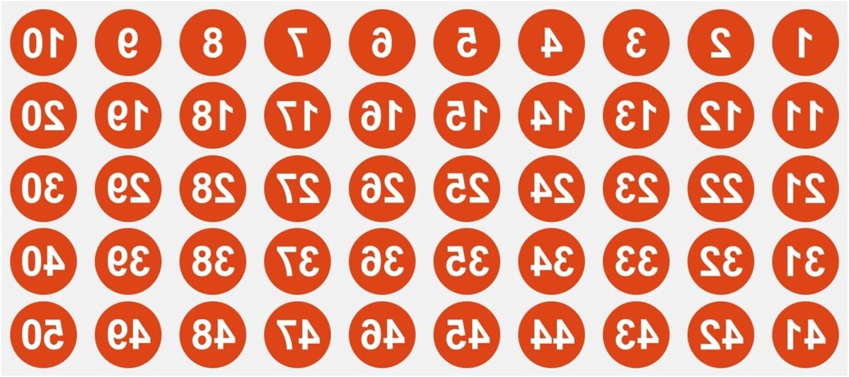 Nummeretiketten 1-50, rond en zelfklevend van vinyl, ideaal voor voorraadclassificatie en organisatie van opbergdozen, kleur rood