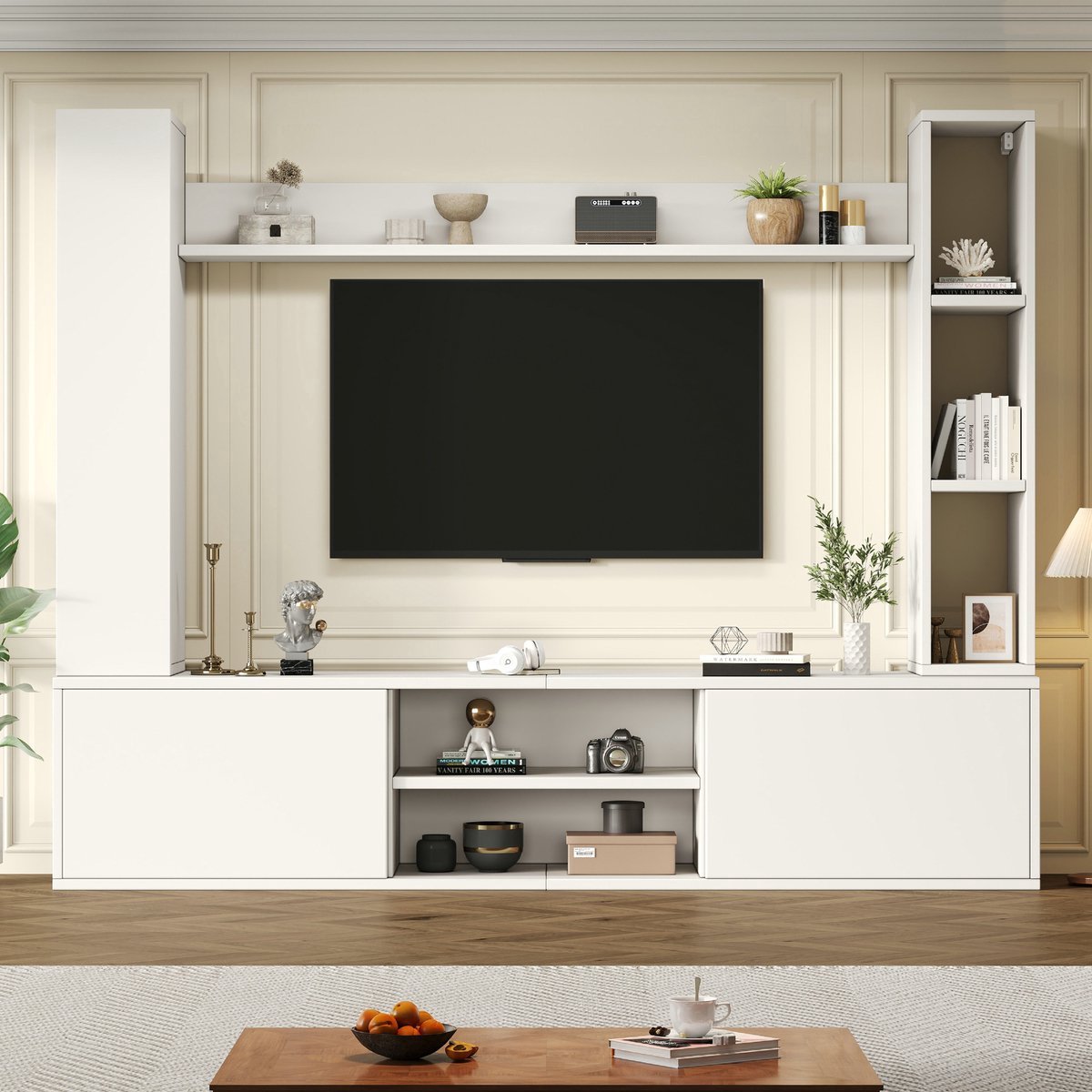 VVBV TV-meubel set - 180 x 35 x 33.5 cm - Met 2 vitrinekast - Wandplanken - Wit