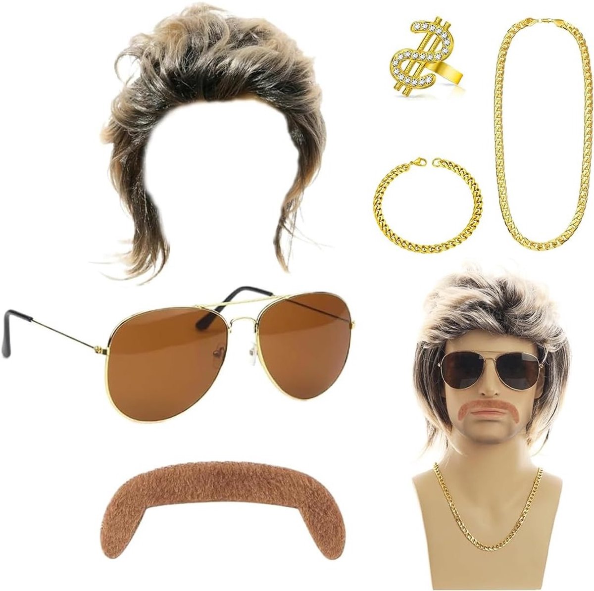 6-delige set met 1980s herenoutfit, mullet pruik en accessoires voor themafeesten, ideaal voor kostuums en party's, lichtgewicht en comfortabel voor mannen.