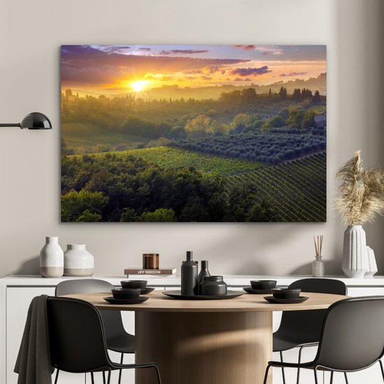 Aluminium schilderij 90x60 cm - Wanddecoratie metaal - Toscane - Landschap - Zon - Metalen muurdecoratie woonkamer - Decoratie industrieel - Foto op dibond - Industriële accessoires slaapkamer