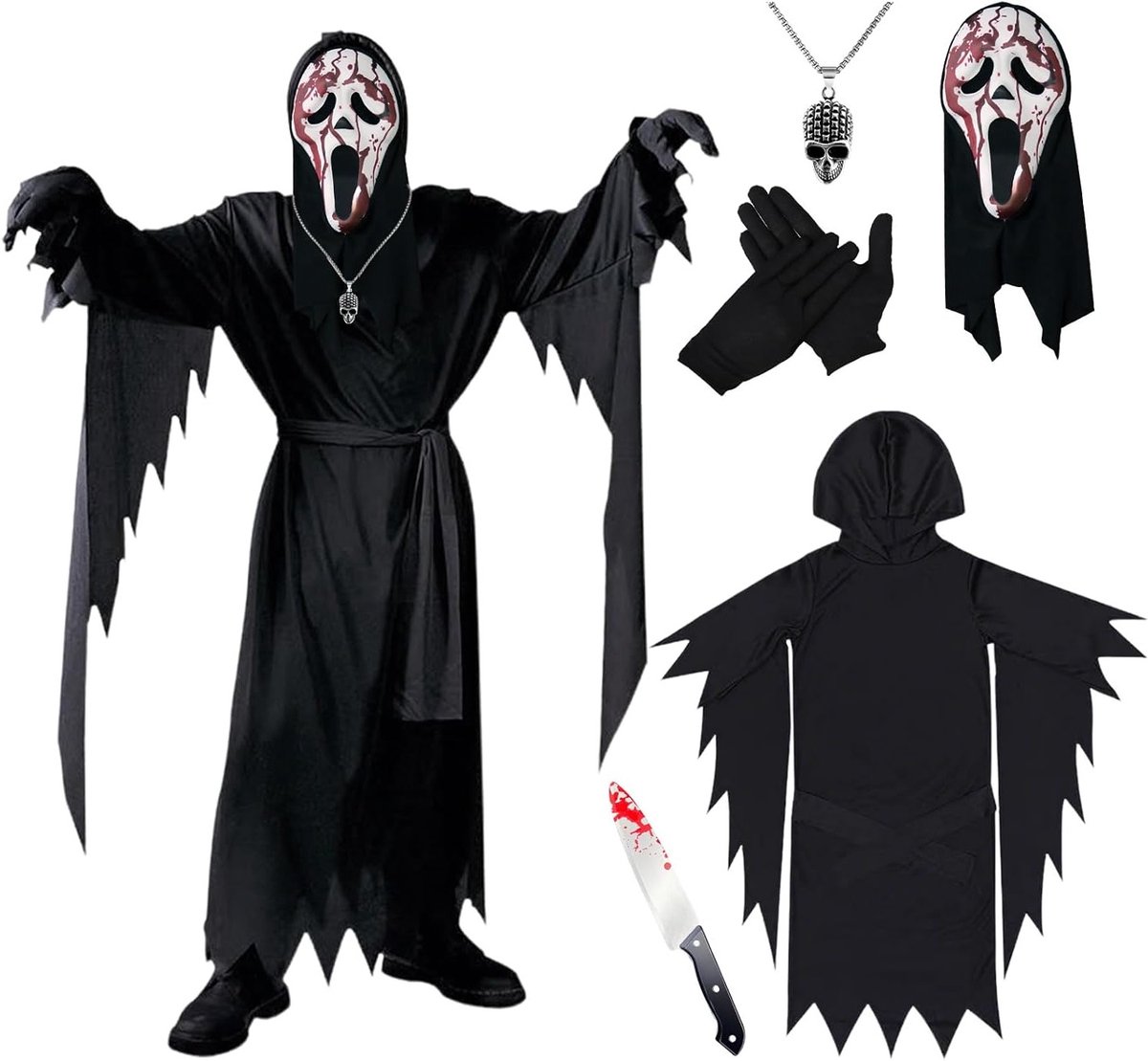 Halloween Ghostface Kostuum, Scream Outfit voor Feestjes, Eng Spook Kostuum voor Volwassenen en Kinderen