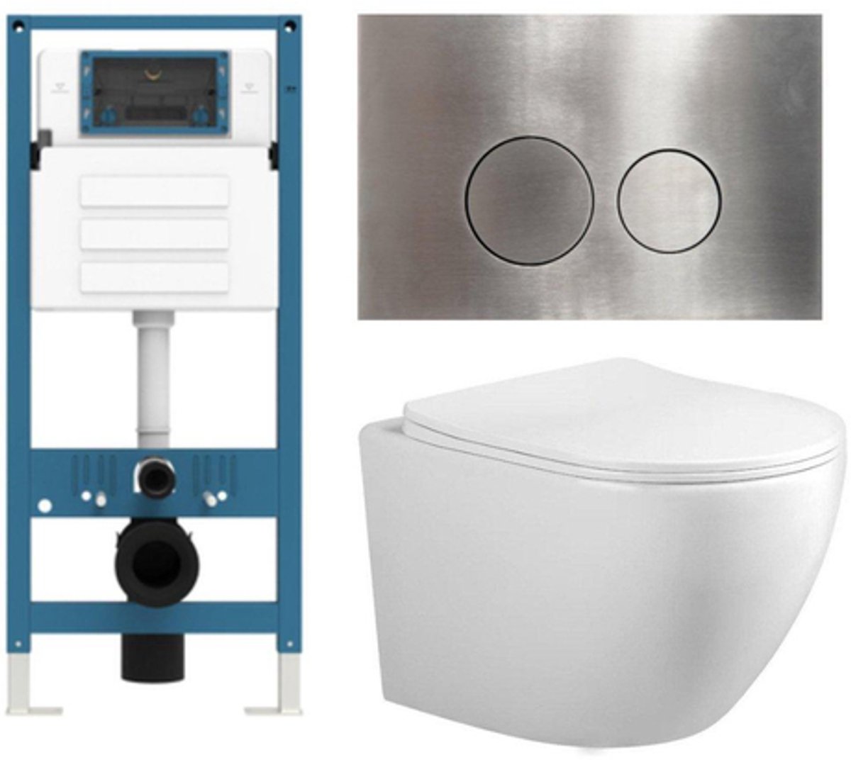 Adema Salina 2.0 Toiletset - 48.5x36x32cm - diepspoel - spoelrandloos - QeramiQ inbouwreservoir - softclose - quickrelease - toiletzitting - RVS metalen bedieningsplaat - ronde knoppen - wit