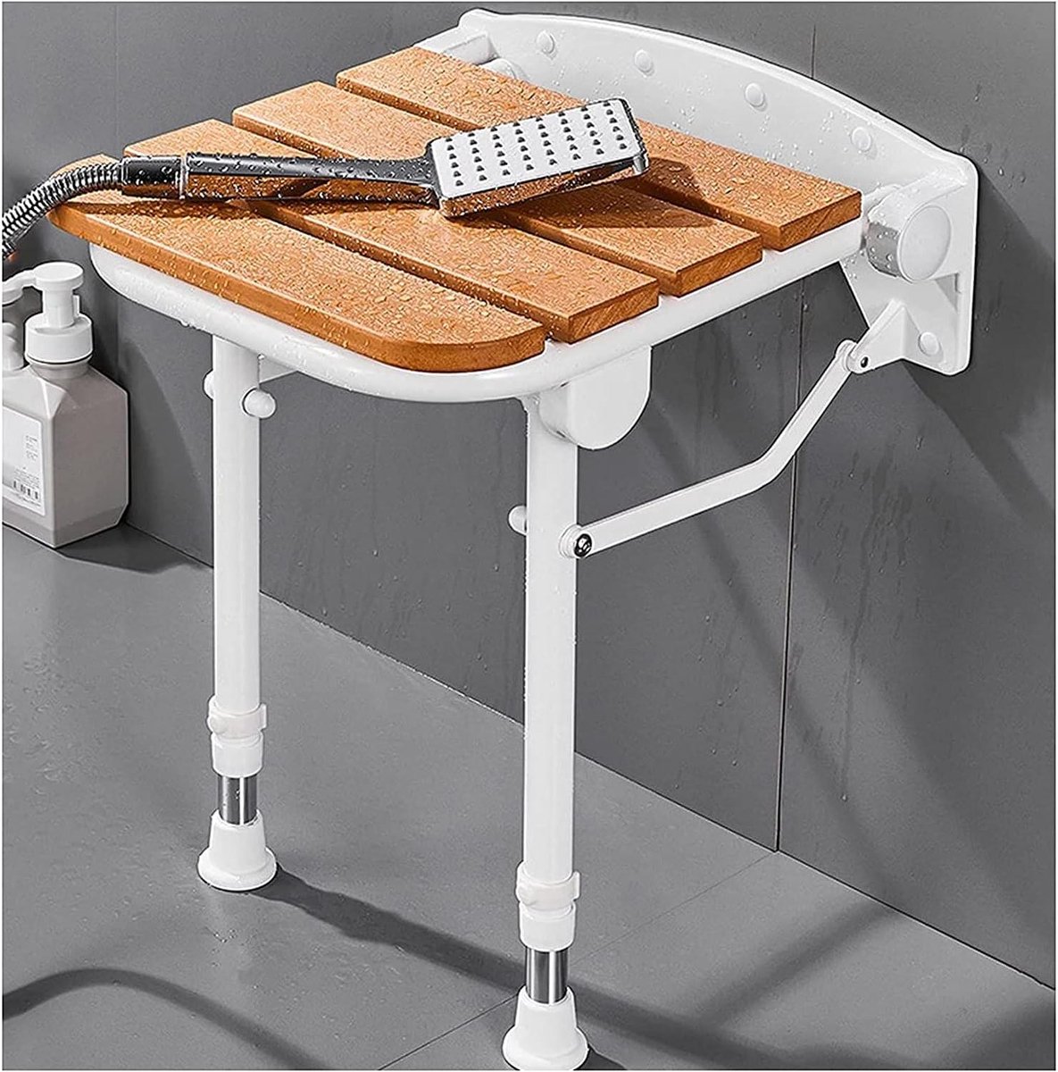 Douchestoel - Douchekruk Badkamer - Veilig Douchen - Opklapbaar Ruimtebesparend - Verstelbaar 42-55cm - Houtlook