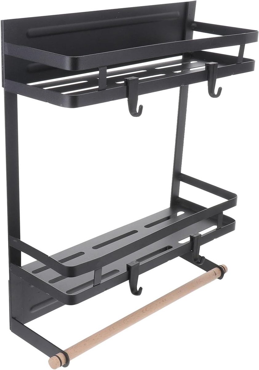 Magnetisch Koelkastrek - Zijrek Organizer - Keuken Opbergen - Met Haken - 30x11x35 cm - Zwart