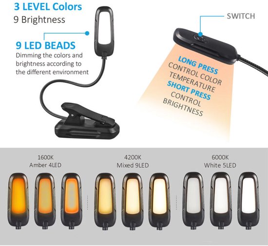 Deze leeslamp heeft 9 led's, een oplaadbaar USB-clipontwerp, 9 helderheidsstanden, 3 kleurtemperaturen en een 360° draaibare hals. Hij kan aan een bed worden bevestigd, naast een boek worden geplaatst of als nachtlampje of bedlamp worden gebruikt. — afbeelding 3