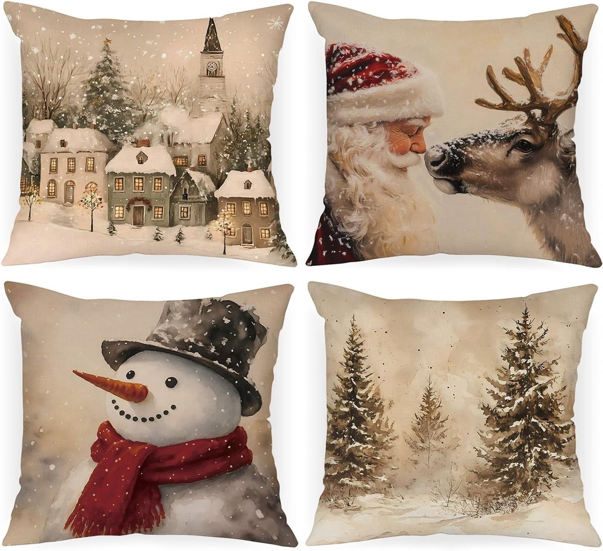 Set van 4 Kerst Kussenhoezen 50x50cm met Sneeuwman, Kerstman en Rendier - Vintage Decoratieve Kussens voor Woonkamer en Bank tijdens de Feestdagen