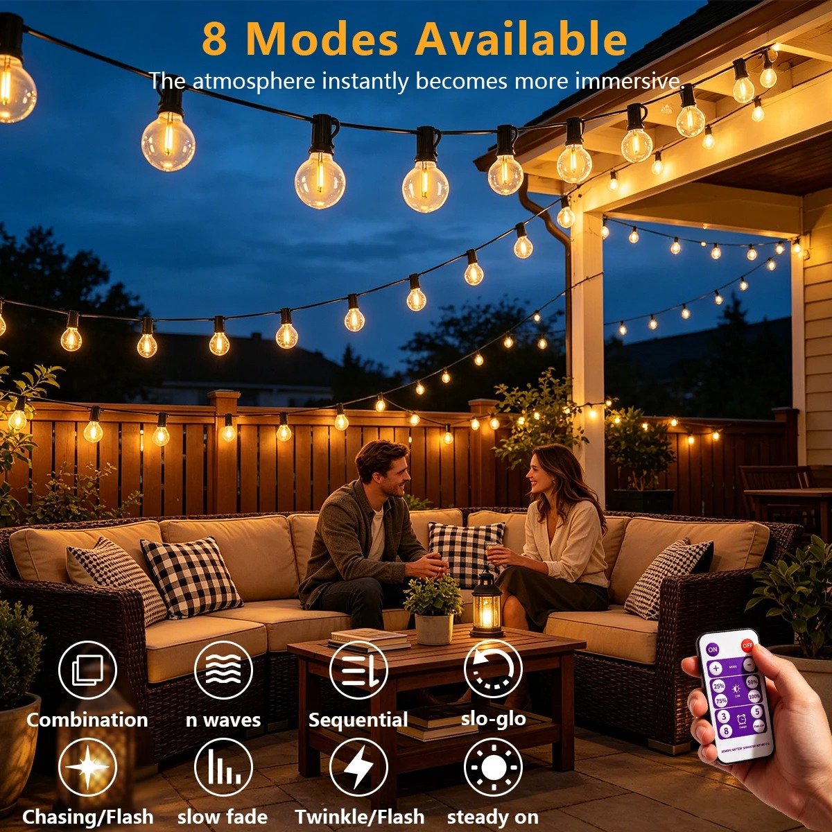 HomeGoodies - Solar lichtsnoer buiten - Lichtslinger – 17.25m met 45 G40 LED lampen op zonne energie – Dimbaar - 8 lichtstanden en timer
