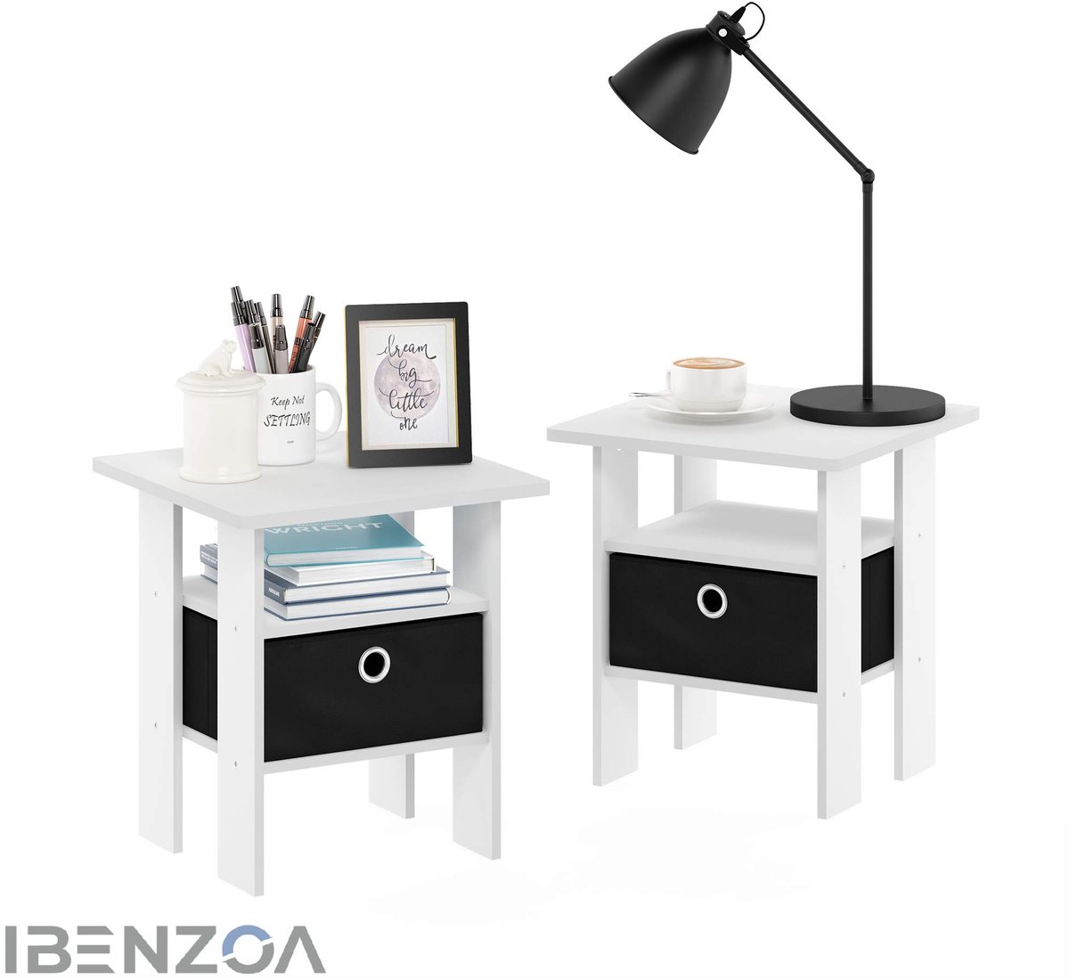 Set van 2 Bijzettafels - Wit/Zwart - 39,37x44,45 cm - Hout en Stof