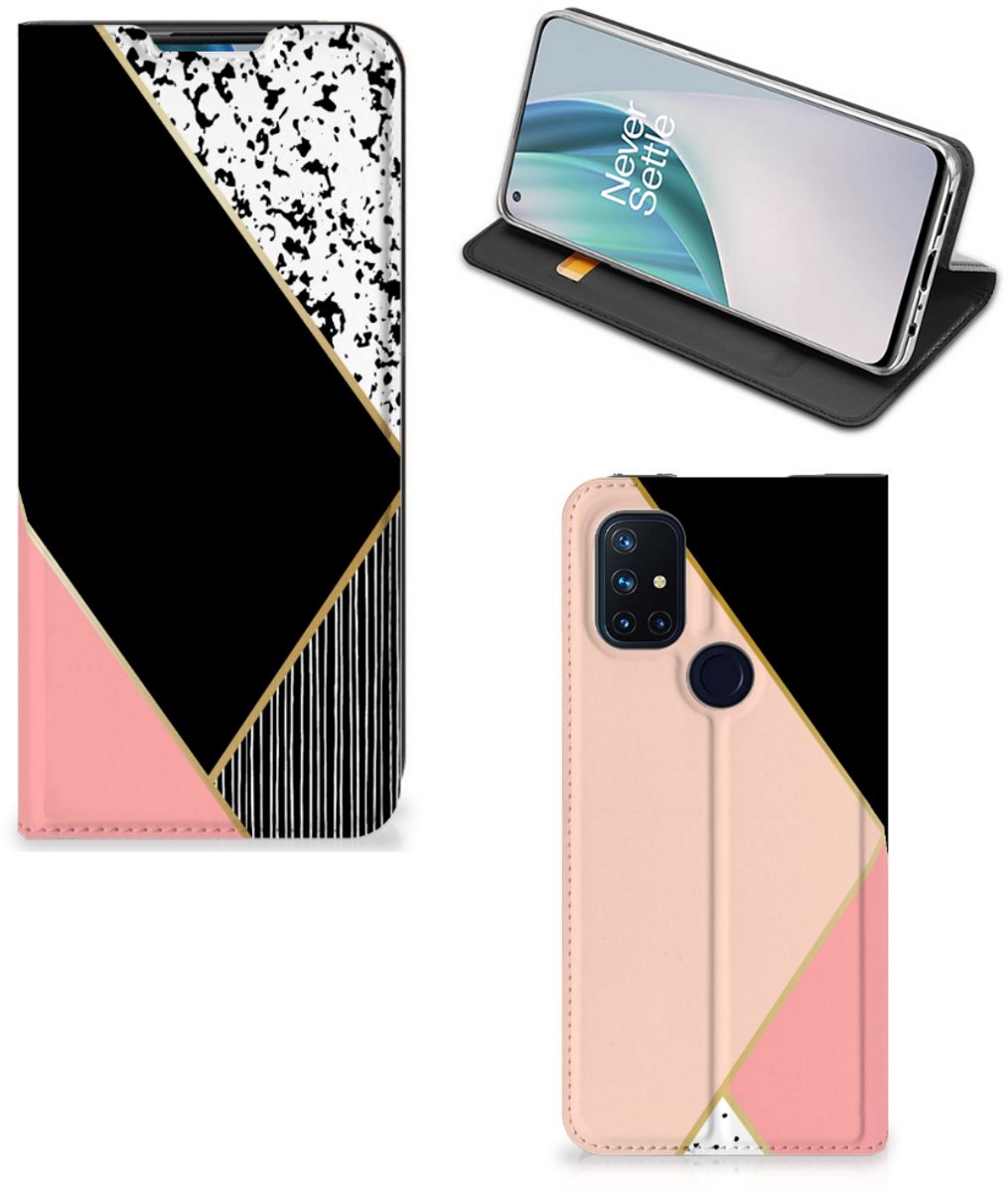 OnePlus Nord N10 5G Stand Case Zwart Roze Vormen