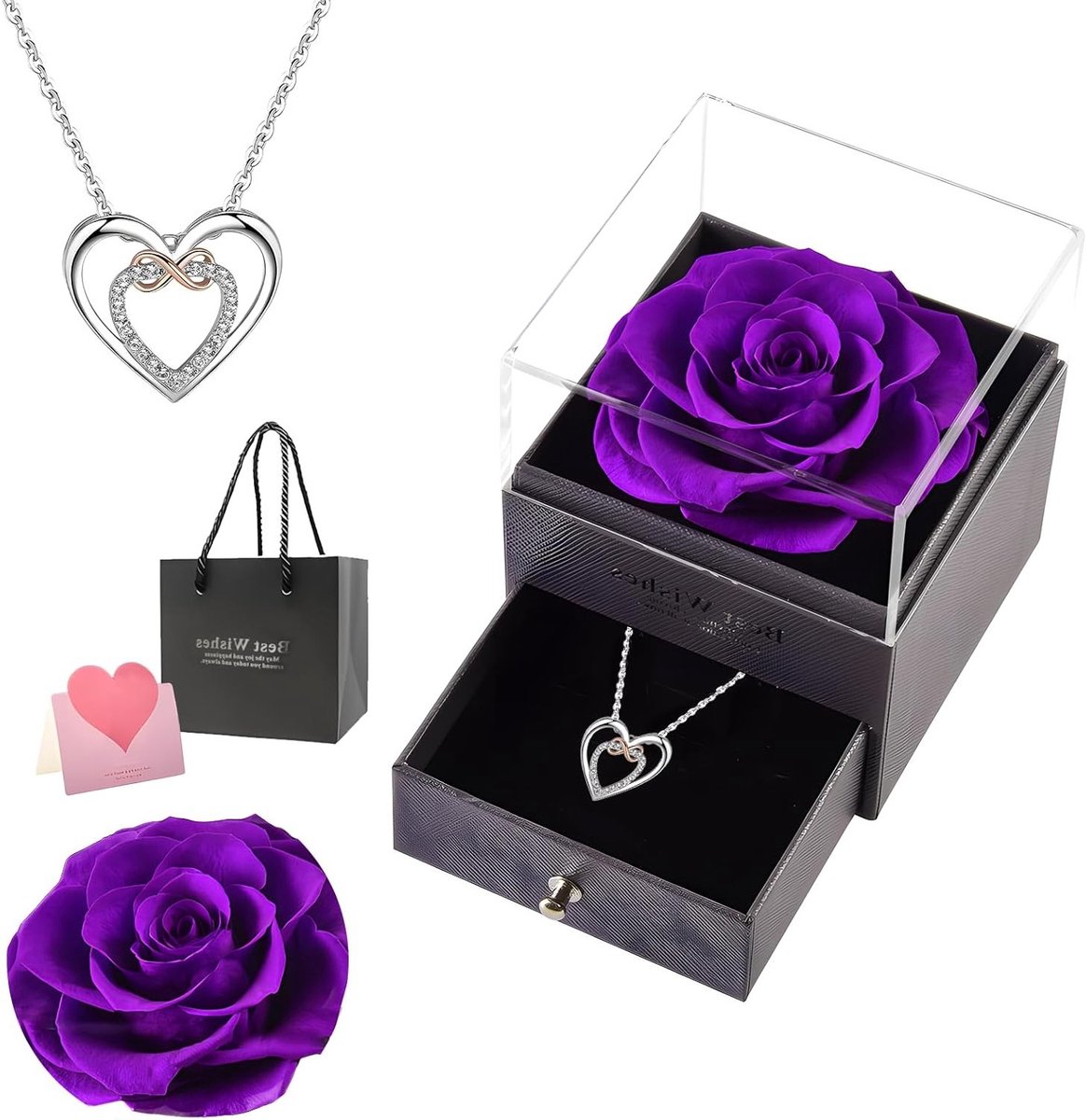 Eternal Rose Geschenkdoos met Roos en Ketting voor Vrouwen - Transparante Acryl Doos, Paarse Bloemenbox voor Moeder, Vriendin of Echtgenote