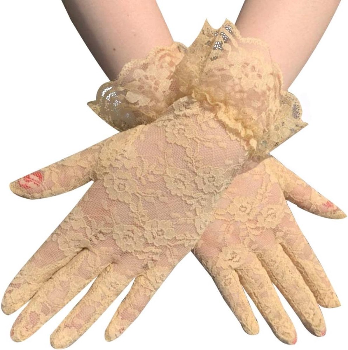 Elegante Korte Kant Handschoenen voor Vrouwen - Bloemige Zomerhandschoenen voor Bruiloften, Theepartijen en Avondfeesten in Geel