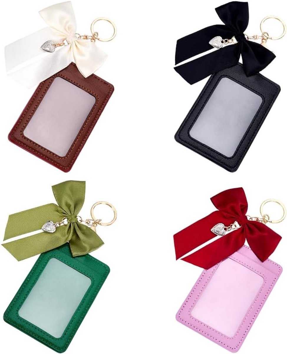 4 Sets Kaarthouder met Strik Sleutelhanger - PU Leer Fotokaarthouder voor ID, Creditcards en Badges, Schattige Sleutelhanger met Polyester Strik