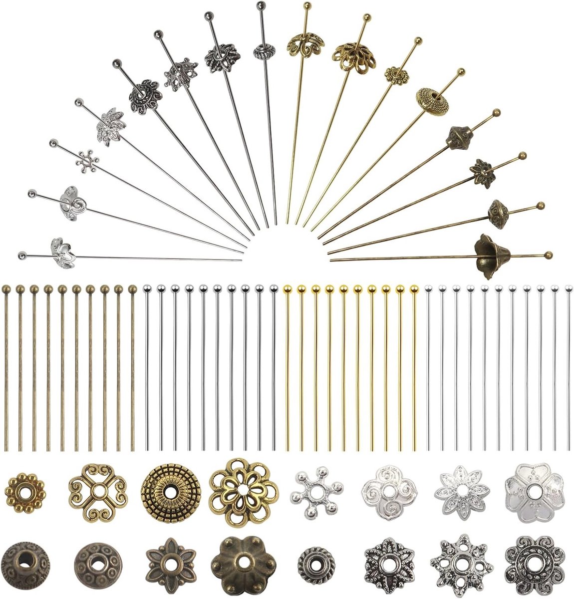 256 Stuks Kralen en Spelden met Balhoofd voor Kettingen, Hangers en Sieraden Maken - Inclusief 16 Stijlen Spacer Kralen in 4 Kleuren