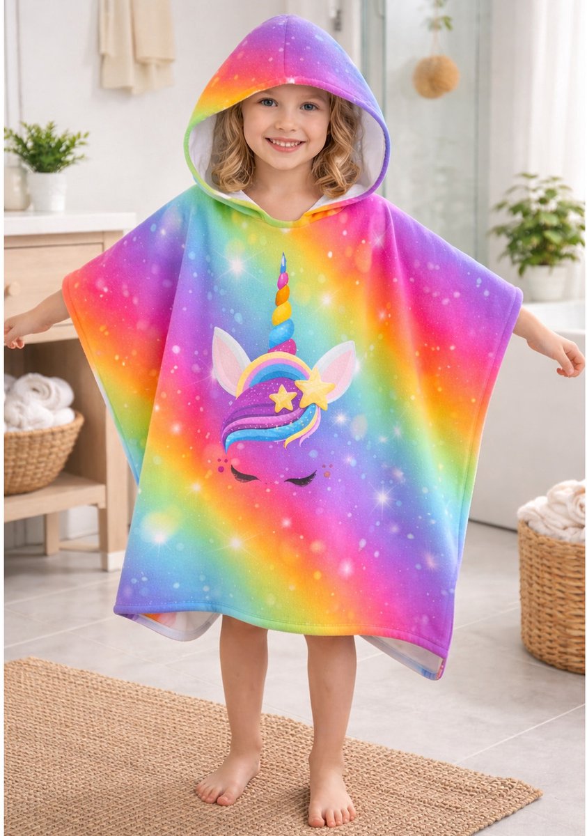 Theonoi kinderponcho, badponcho, capuchonhanddoek/badjas, handdoek, douchehanddoek, strandhanddoek, badhanddoek - met capuchon voor jongens & meisjes 100% katoen (eenhoorn