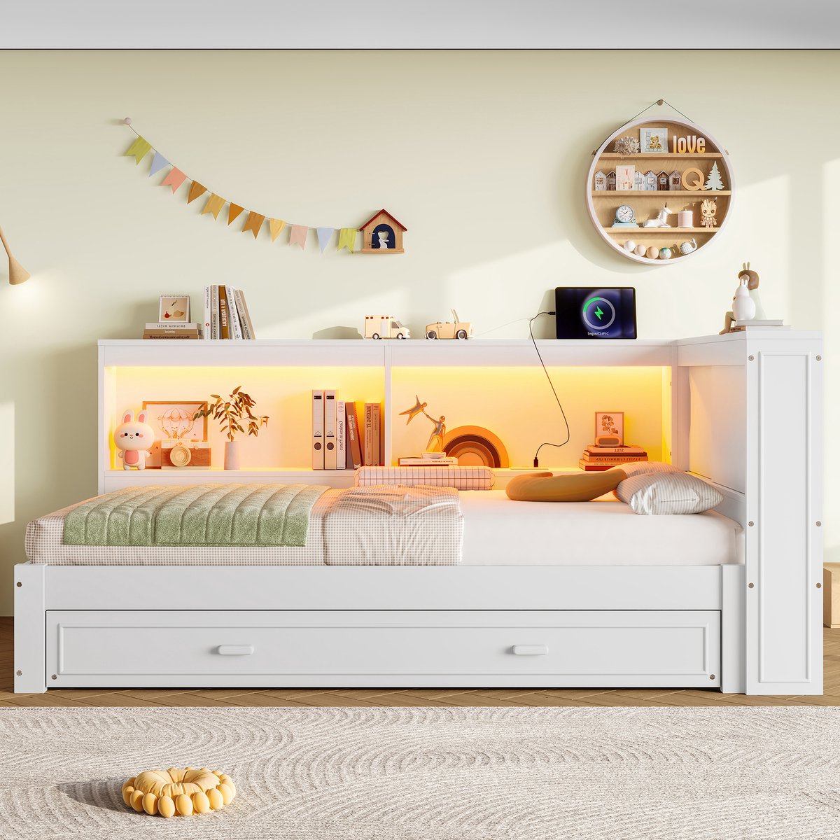 Merax 90x200 cm slaapbank - met uitschuifbaar bed - met LED-verlichting - met stopcontact - USB-poort en Type-C-poort - zonder matras - wit