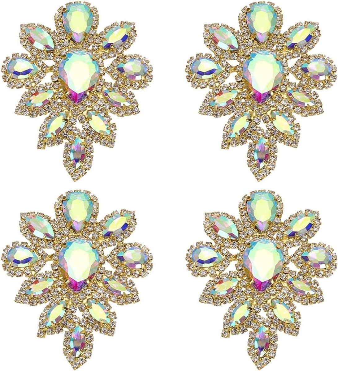 4 Stuks Druppelvormige Strass Applicatie, 57 x 45mm AB Kleurrijke Rhinestone Teardrop Applicatie voor Bruidsjurk en Kledingdecoratie, Geschikt voor Handwerken en Creatieve Projecten