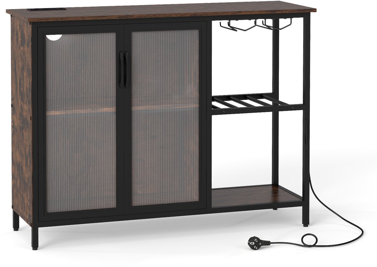KOMFOTTEU LED-verlicht keukenbuffet voor 4 flessen en 6 glazen, wijnkast met geïntegreerd laadstation, planken, opbergkast voor keuken, bar, eetkamer, 110x35x82 cm