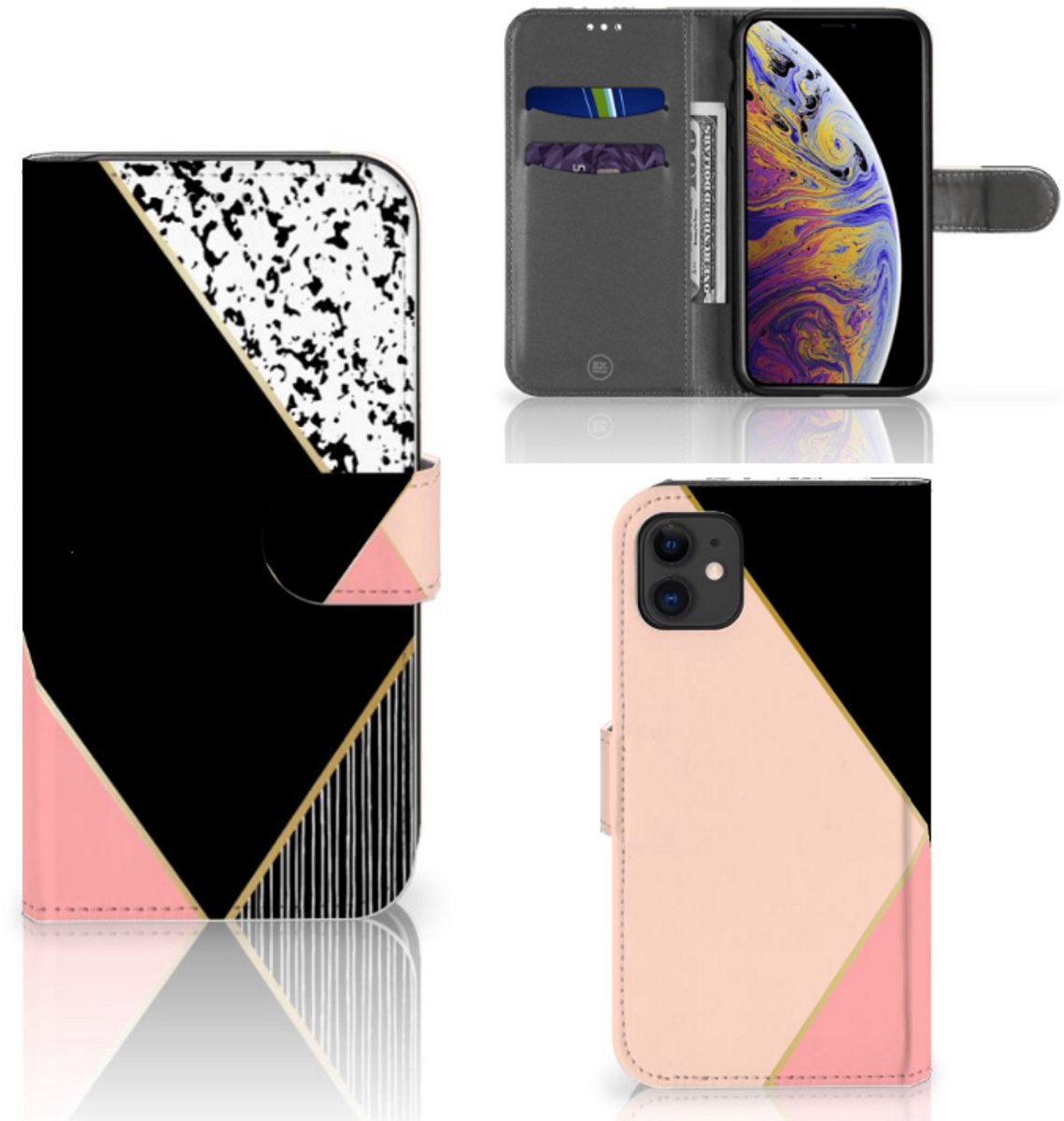 Apple iPhone 11 Book Case Zwart Roze Vormen