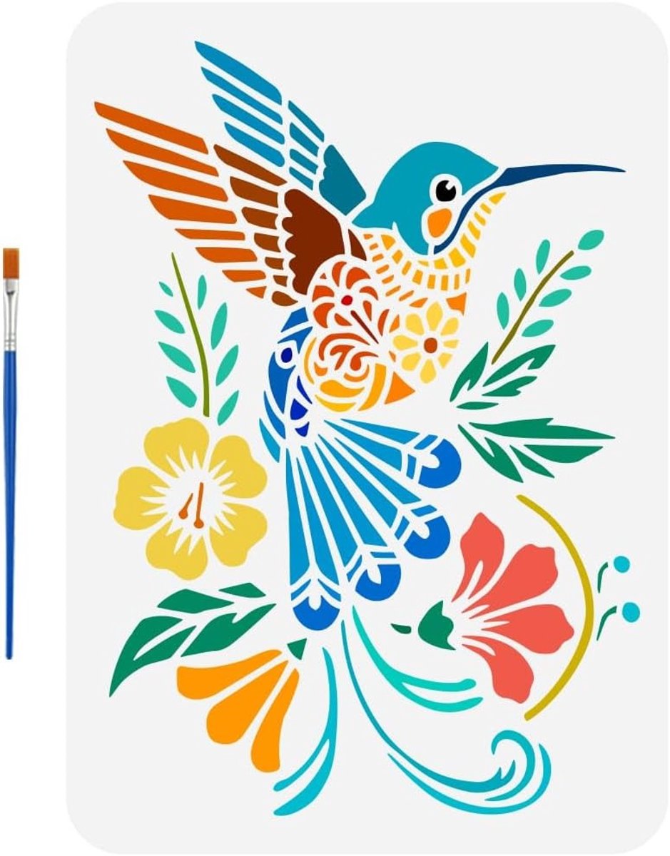 Hummingbird Schilderij Sjabloon met Kwast 21x29.7cm Herbruikbaar Patroon voor DIY Decoratie met Bloemen en Bladeren