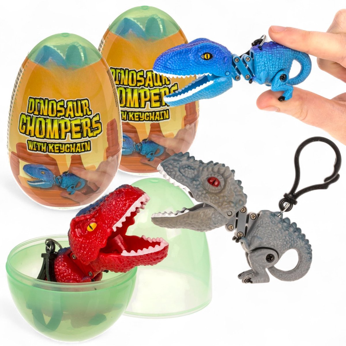 Dailygoods- Sleutelhanger Set van 2 - Dinosaurus Chomper - Bijtfunctie - Verpakking in Verrassingsei - Kunststof - Voor Kinderen vanaf 3 Jaar - Dinofiguren