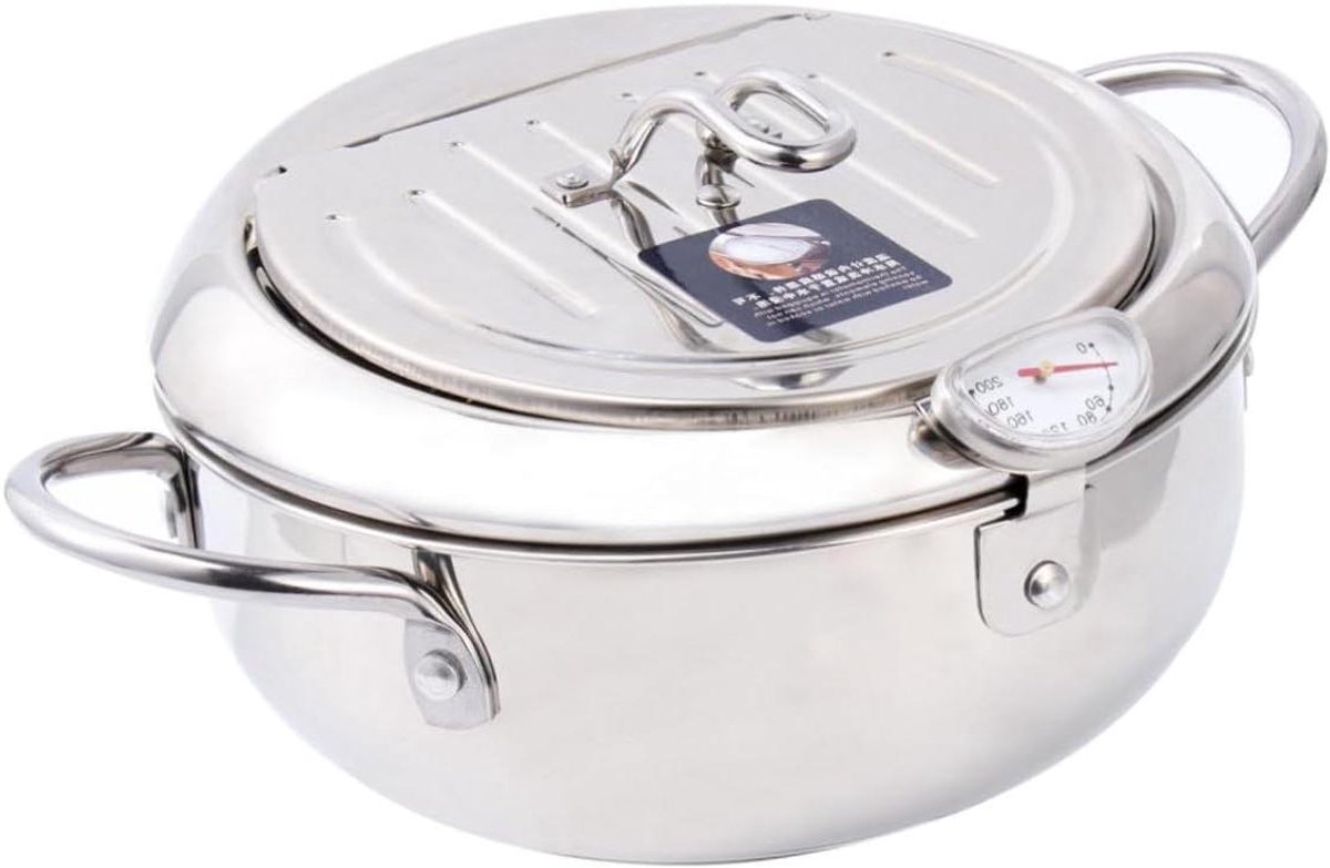 Rvs Mini Frituurpan met Oliezeef Thermometer Gelijkmatige Warmteverdeling Geschikt voor Inductie Gasfornuizen Diepe Pan voor Gelijkmatig Frituren Duurzaam Gezinshulpje