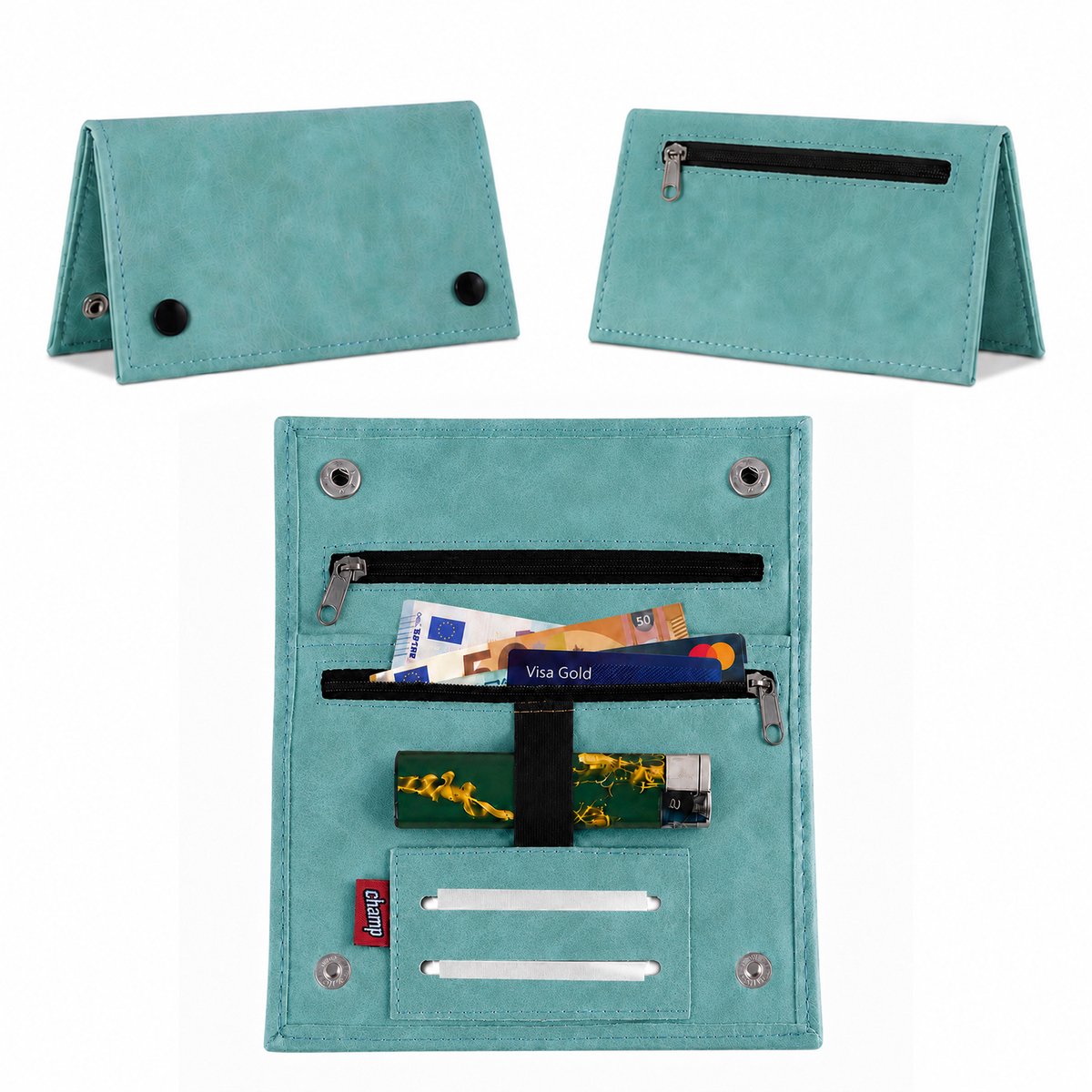 Champ Shag Etui - Tabak Etui - Kunstleer - 4 Vakken - Aanstekerhouder - Lichtblauw