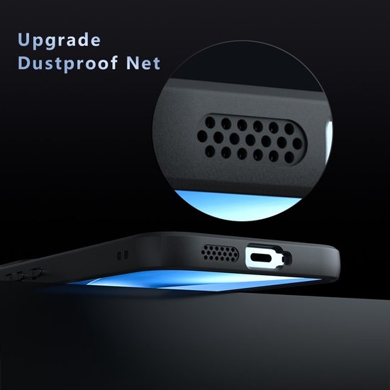 Coque de téléphone noire avec un 'Upgrade Dustproof Net' près du haut-parleur et du port de chargement.