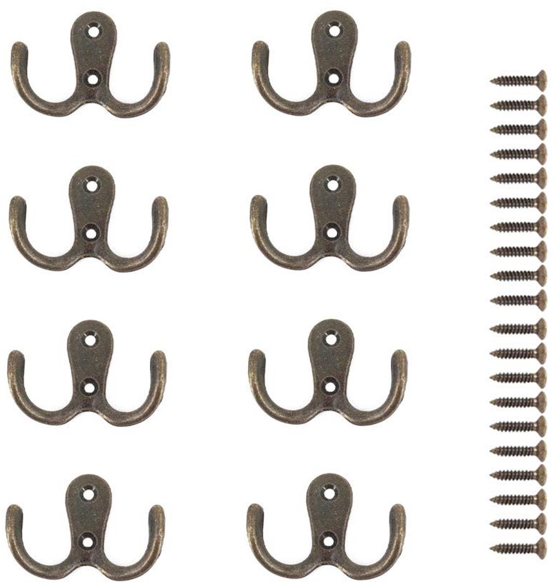 Dailygoods- Kapstokhaken Dubbele Bronzen Haak - Metalen Haken - Haken voor Badkamer/Slaapkamer - Zinklegering - 8 Stuks - 55 x 41 mm