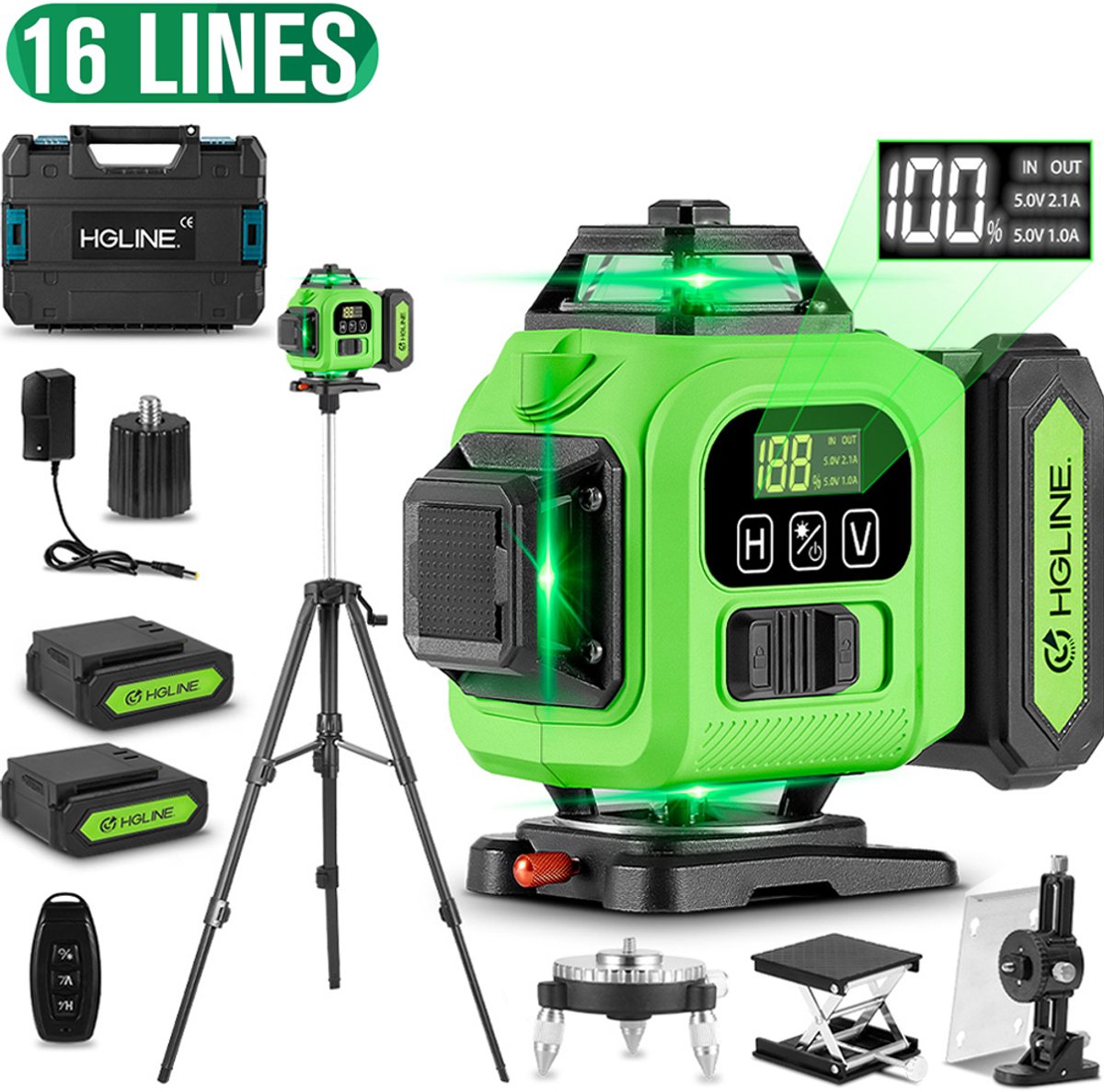 HGLINE Kruislijnlaser met Statief - 4 tot 16 Lijnen - Professionele Bouwlaser - 50 Meter Meetbereik - Zelfnivellerend - Laser Waterpas - Lijnlaser - Complete set