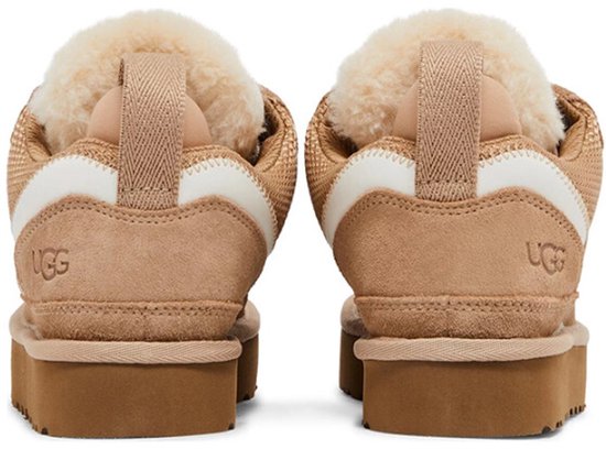 Achterkant van bruine Ugg lage sneakers met beige veters, witte accenten en lamsvel. UGG logo op de hiel.