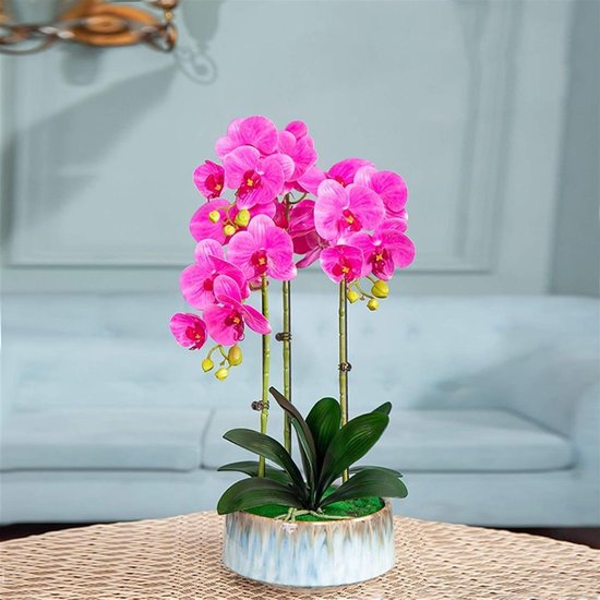 Kunstorchideeën met vaas - Nepplant decoratie - Woonkamer arrangement - Zachte PU bloemblaadjes - 55 cm hoog - C