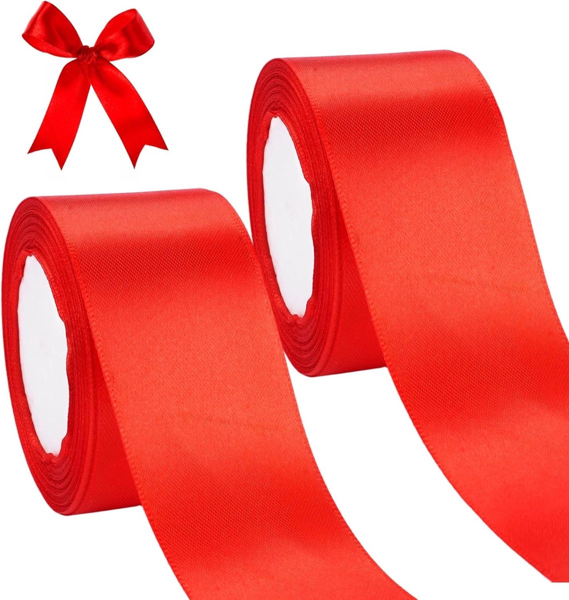 2 Rollen Rode Cadeaulint van 50mm, Satijnen Ribbons voor Verjaardag, Kerst en Creatieve Decoratie, 44m in Totaal voor DIY Cadeauverpakkingen
