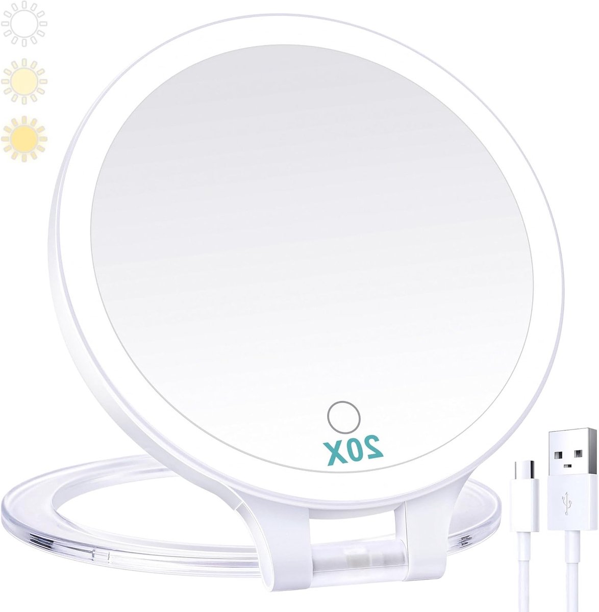 Cosmetische Spiegel met Verlichting, Dubbelzijdig 1X/20X, Opvouwbare Handgreep, Oplaadbaar, Ideaal voor Make-up en Verzorging, Drie Kleuren Licht