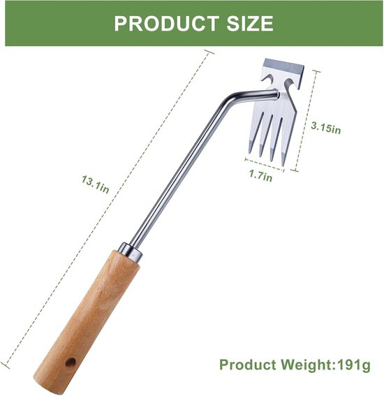 Onkruidtrekker Handmatig - 33cm - Handharkje - Wortelverwijderaar - RVS & Hout - 191 g - Tuinonderhoud - Zilver van Merkloos	 — afbeelding 5