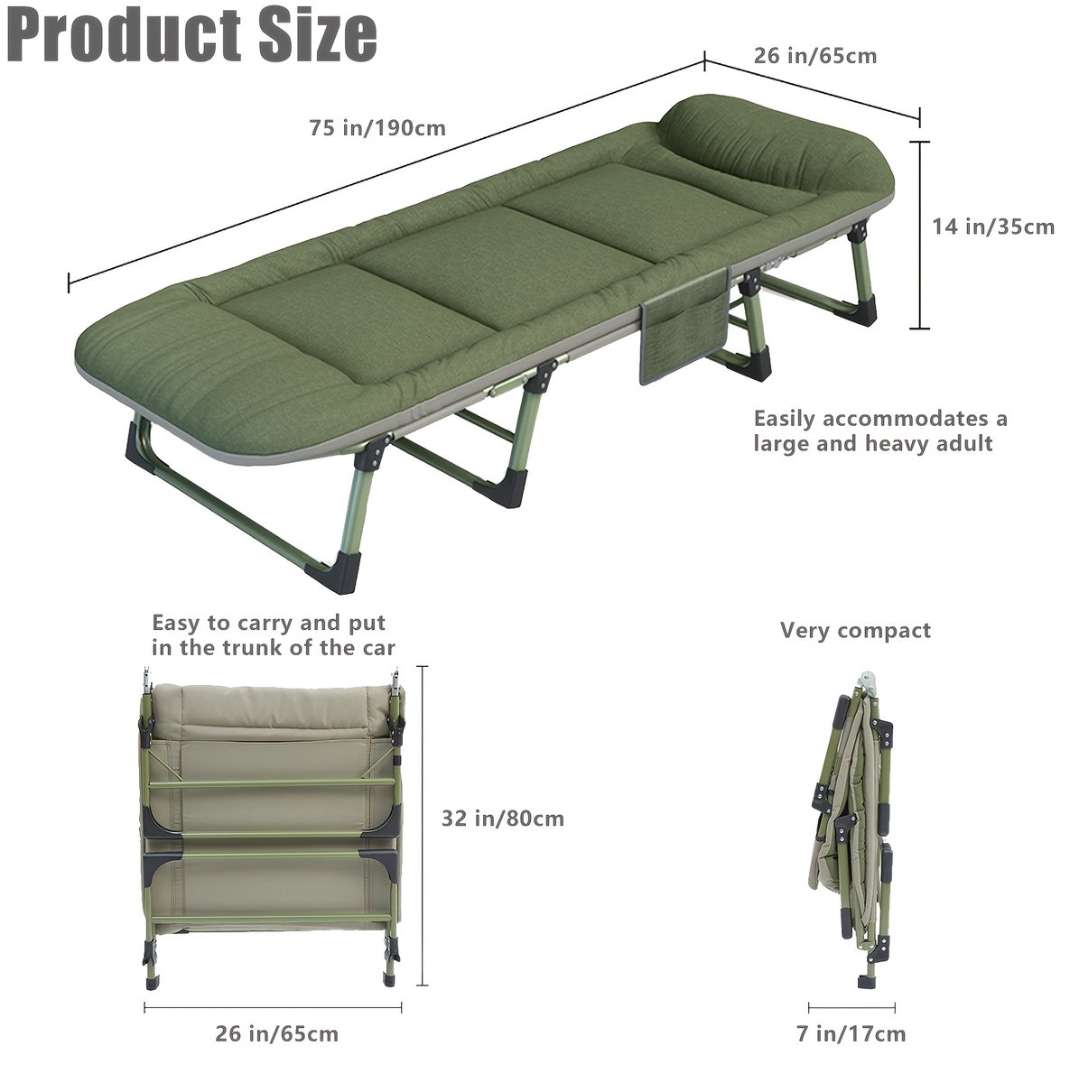 Veldbed-Ligbed-Campingbedden voor Volwassenen -190cm-6 Verstelbare Posities- Opvouwbaar - Draagbaar -Reisbedje geschikt voor Kamperen, Militair Gebruik, Terras & Binnen en Buitenshuis-Groen.