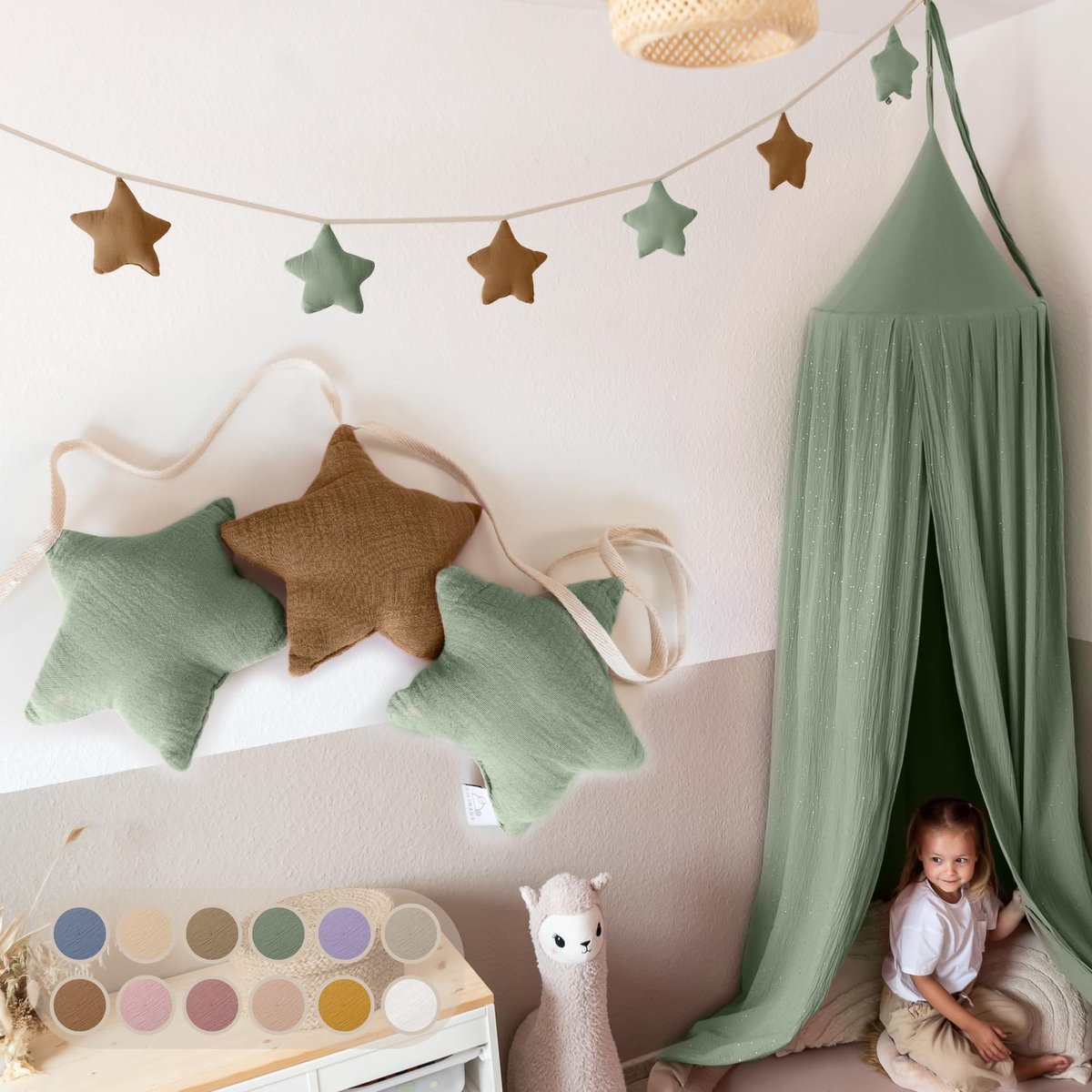 LILIMAUS Sterren slinger kinderkamer - stoffen slinger van mousseline katoen - 300 cm - groen en bruin