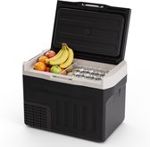 Zwarte koelbox met open wit deksel, gevuld met fruit en blikjes. Met schuifbare scheiding.