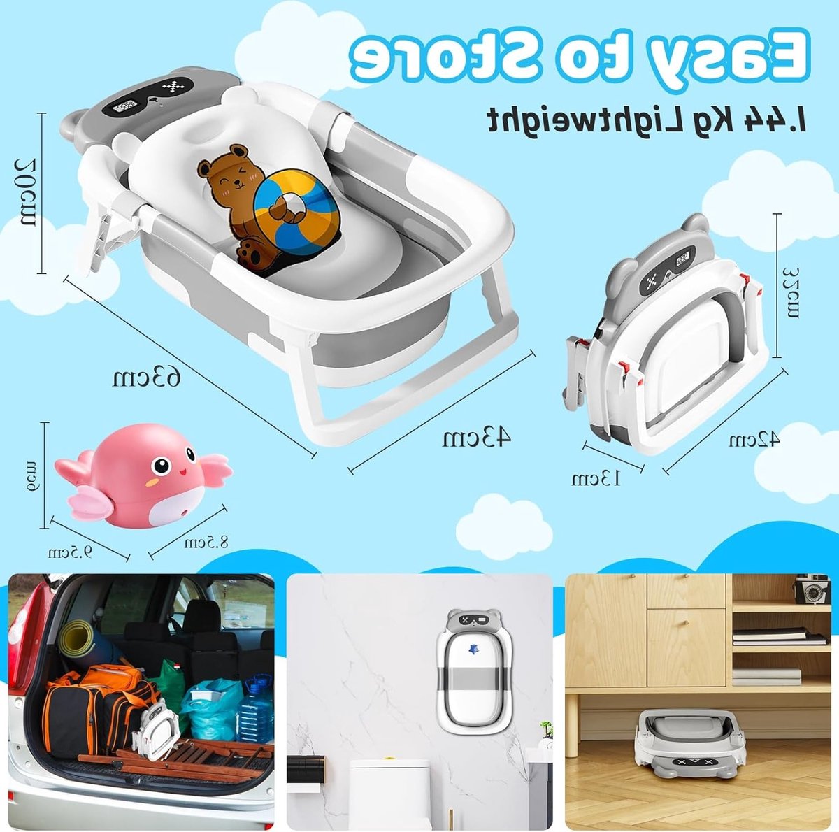 Vouwbare Babybadkuip met Thermometer, Badkussen en Afvoergat thumbnail 2