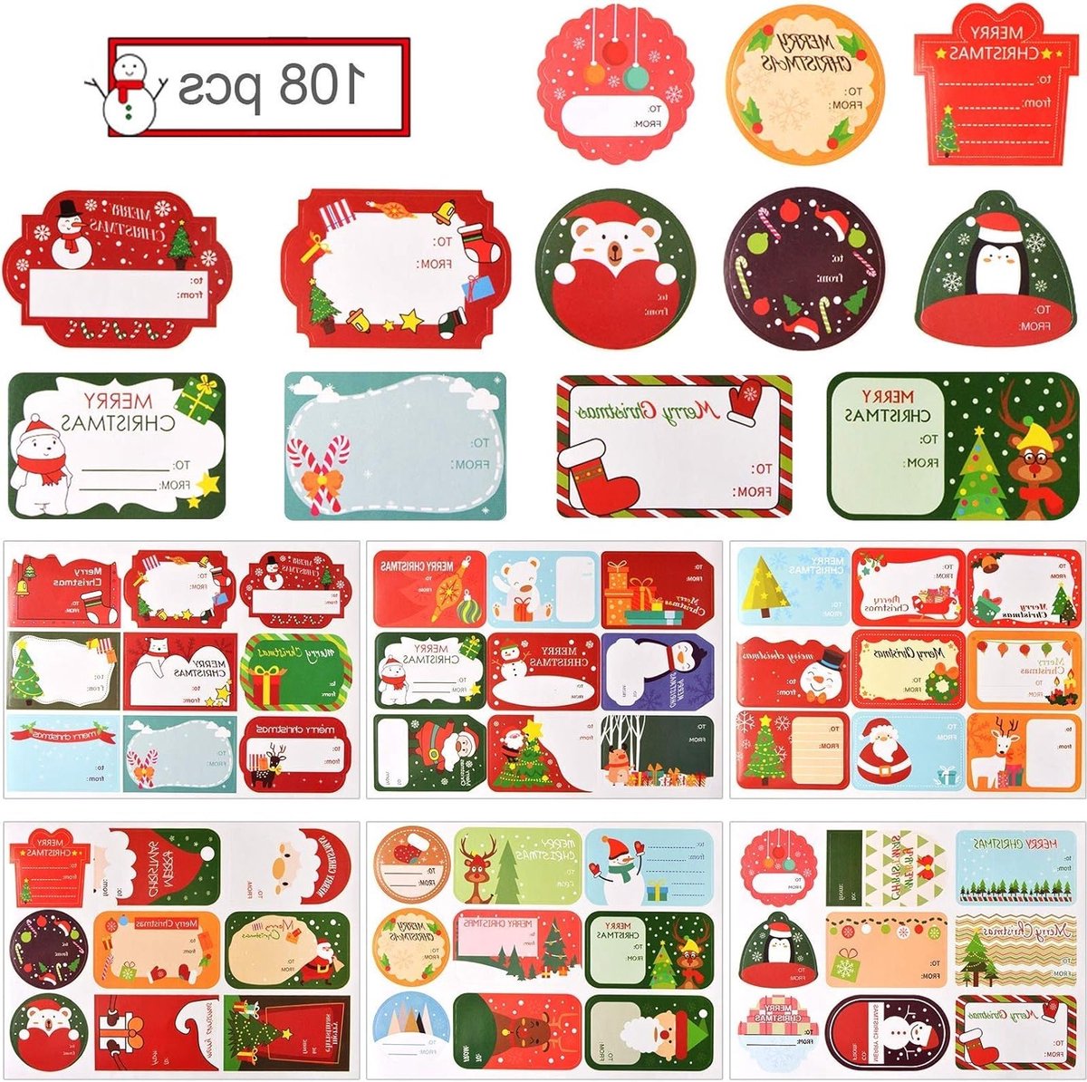 108 Stuks Kerst Stickers voor DIY, Papier Cookie Wrap Labels, Envelop Sealing, Snoep en Bakbenodigdheden voor Feestdagen