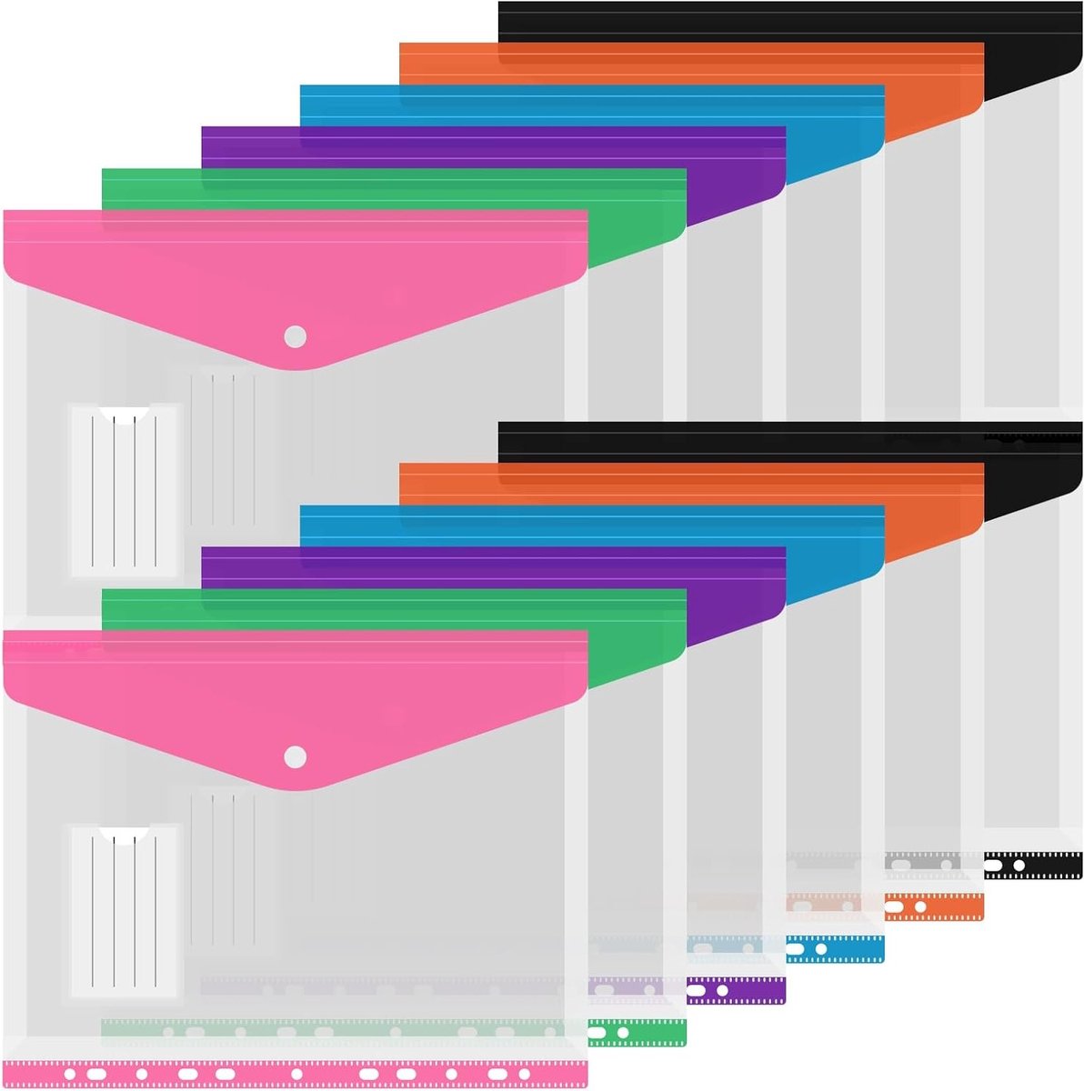 Set van 12 A4 documentcompartimenten, transparante opbergvakken, uitvouwbare waterdichte documenttassen met drukknop, ideaal voor organisatie en bescherming van papieren